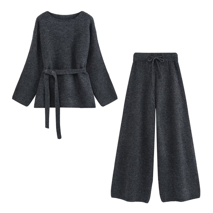 Damen Zweiteiliges Strick-Lounge-Set mit Taillengürtel und weiter Palazzo-Hose Drune