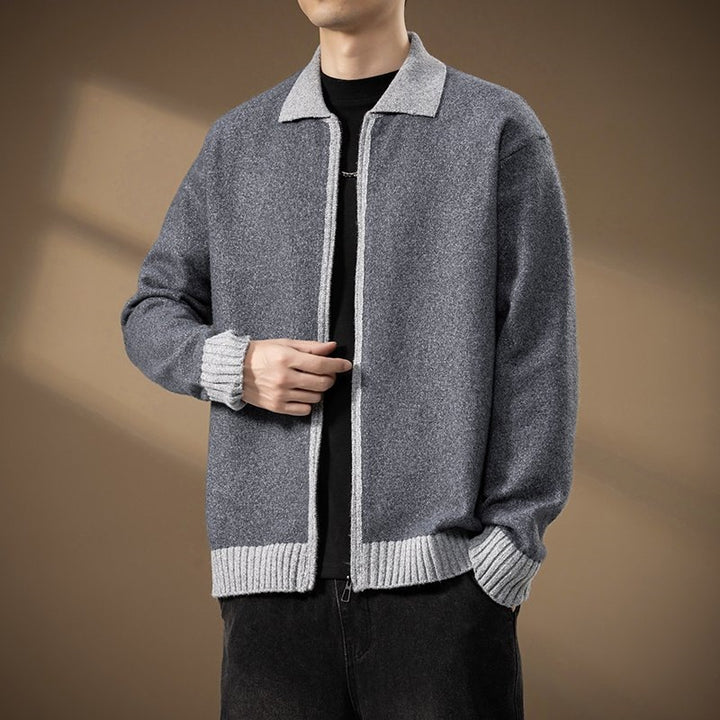 Herren Strickjacke mit durchgehendem Reißverschluss und kontrastgeripptem Saum Drune