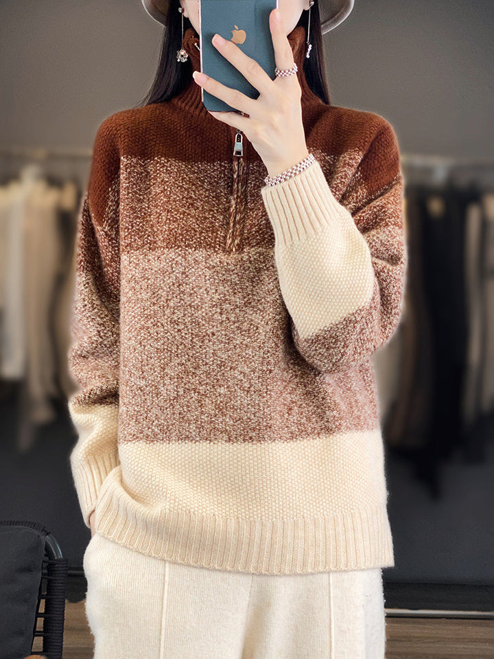 Damen Oversize-Strickpullover mit halbem Zip, meliertem Blockstreifen und weichem Flor Drune