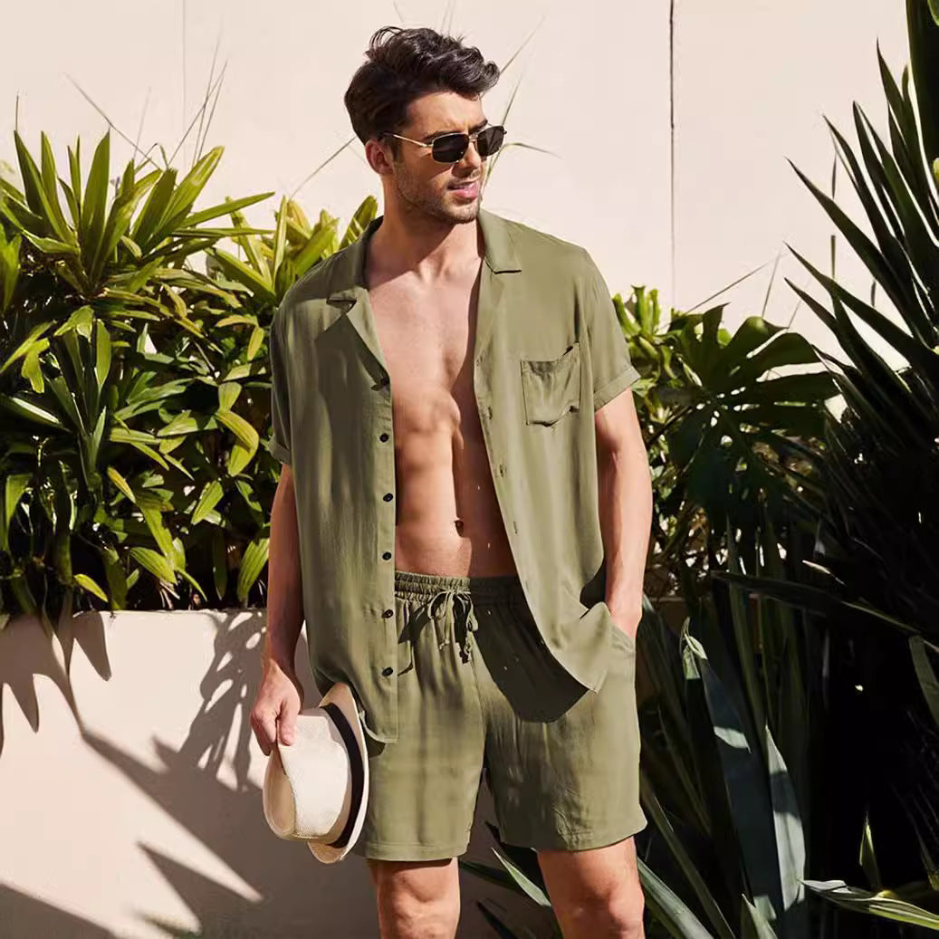 Herren nan zweiteiliges Sommer-Freizeitensemble mit offenem Revershemd und elastischer Kurzhose Drune