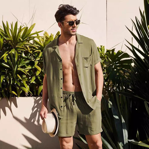 Herren nan zweiteiliges Sommer-Freizeitensemble mit offenem Revershemd und elastischer Kurzhose Drune