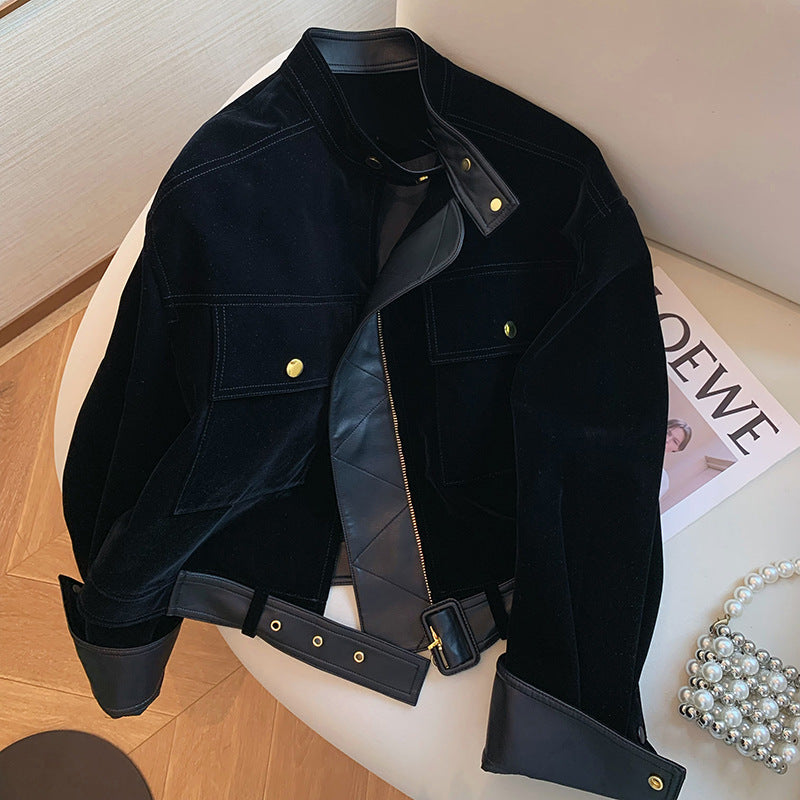 Damen Samt‑Bikerjacke mit Lederbesatz, taillierbarem Gürtel & goldenen Details Drune