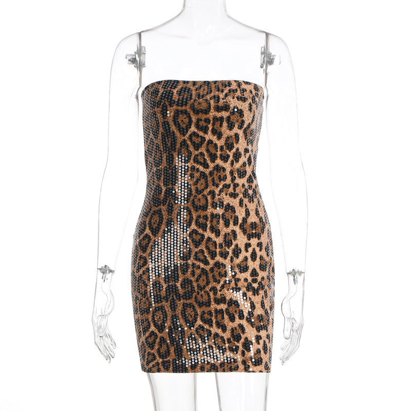 Damen Glitzerndes Minikleid mit Leopardenmuster und Spaghettiträgern Drune