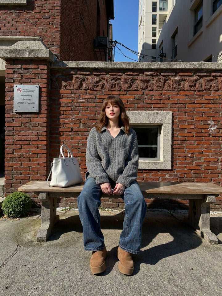 Damen Oversize-Grobstrick-Set mit Polokragen und Midirock Drune