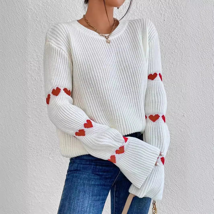 Damen lässiger Strickpullover mit Herzmuster und weitem Arm Drune