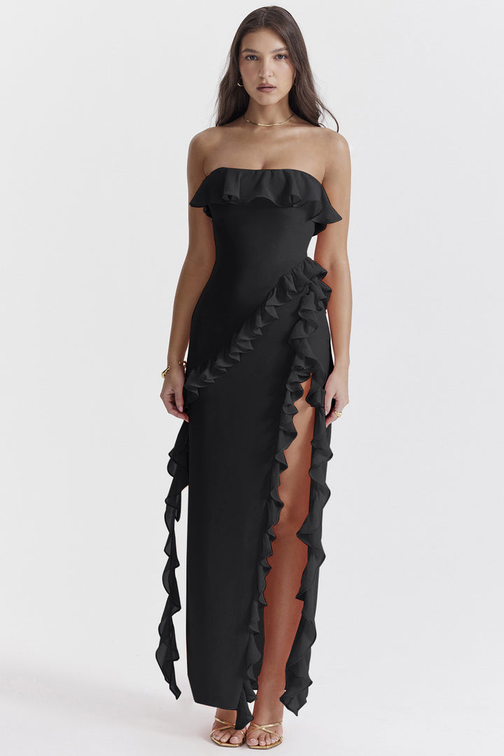 Damen Off-Shoulder Maxikleid mit Rüschen und Schlitz Drune
