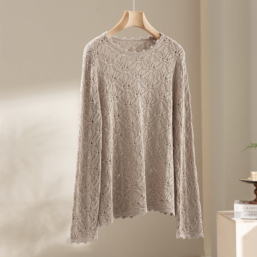 Damen Feines Häkel-Longsleeve mit floraler Lochmuster-Struktur und legerer Silhouette Drune