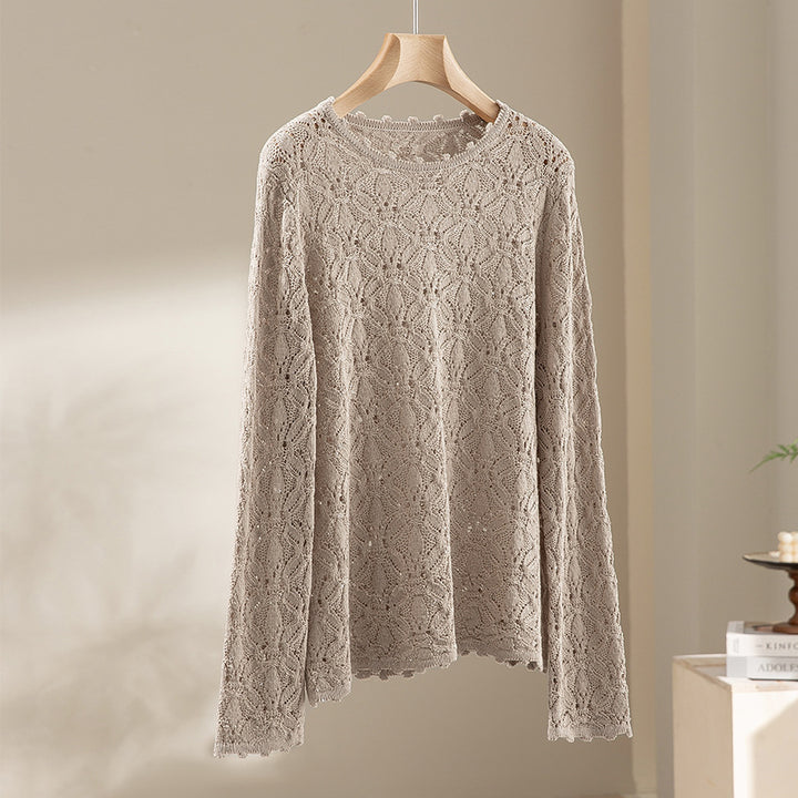 Damen Feines Häkel-Longsleeve mit floraler Lochmuster-Struktur und legerer Silhouette Drune