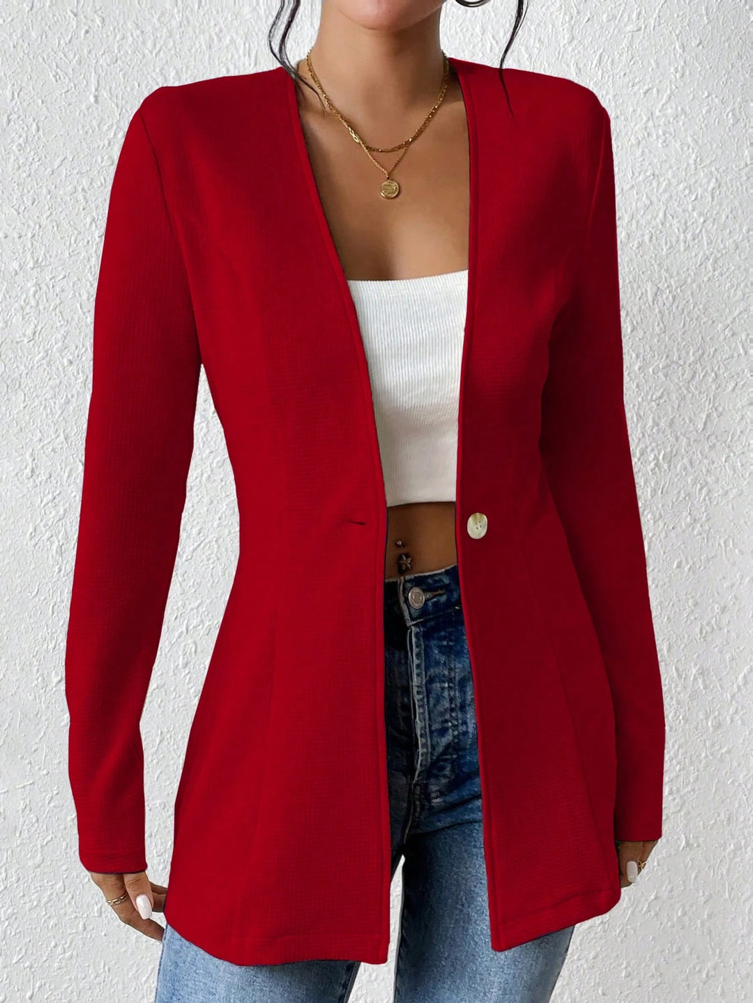 Damen Taillierter kragenloser Longblazer mit Ein-Knopf-Verschluss Drune