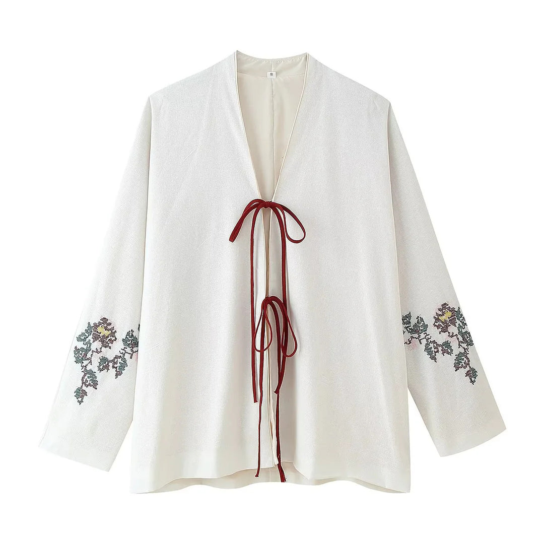 Damen nan leichte Kimono-Blusenjacke mit floraler Ärmelsstickerei und kontrastierenden Bindebändern Drune