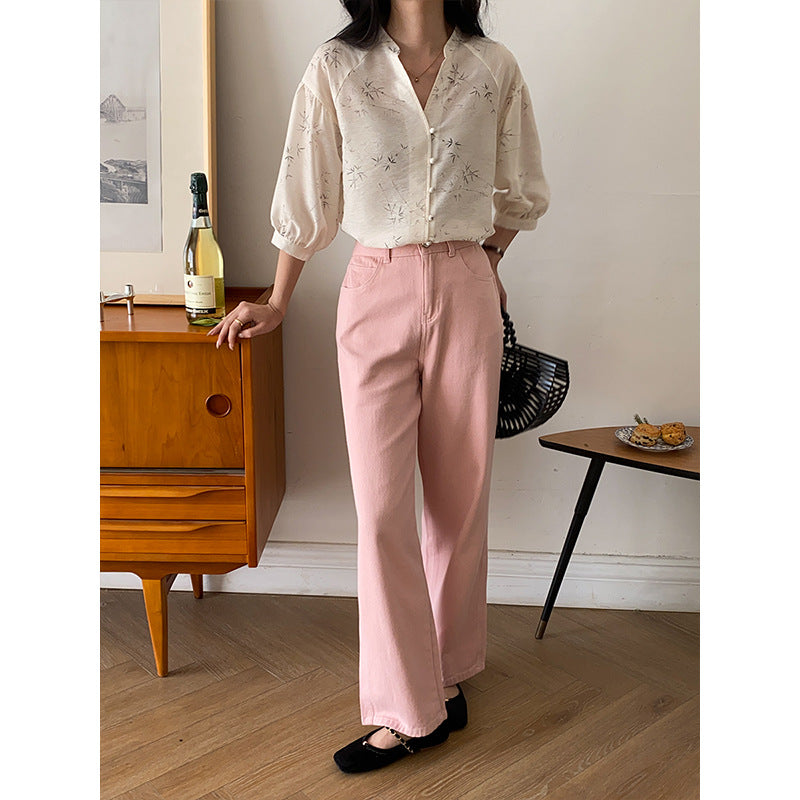 Damen Lässige High-Waist Jeans mit weitem Bein Drune