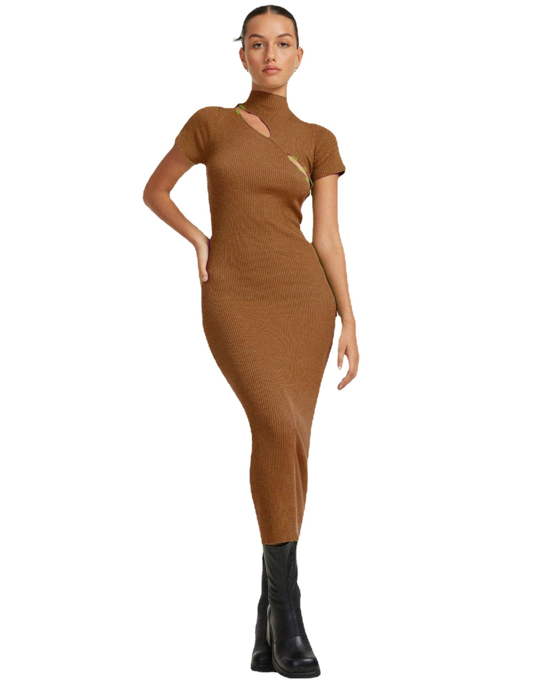 Damen figurbetontes Strickkleid mit asymmetrischem Ausschnitt und hohem Kragen Drune