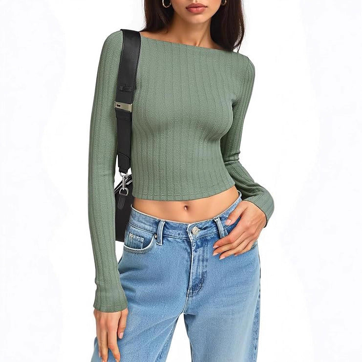Damen Tailliertes Ripp-Cropped-Longsleeve mit U-Boot-Ausschnitt und Stretch-Baumwollmix Drune