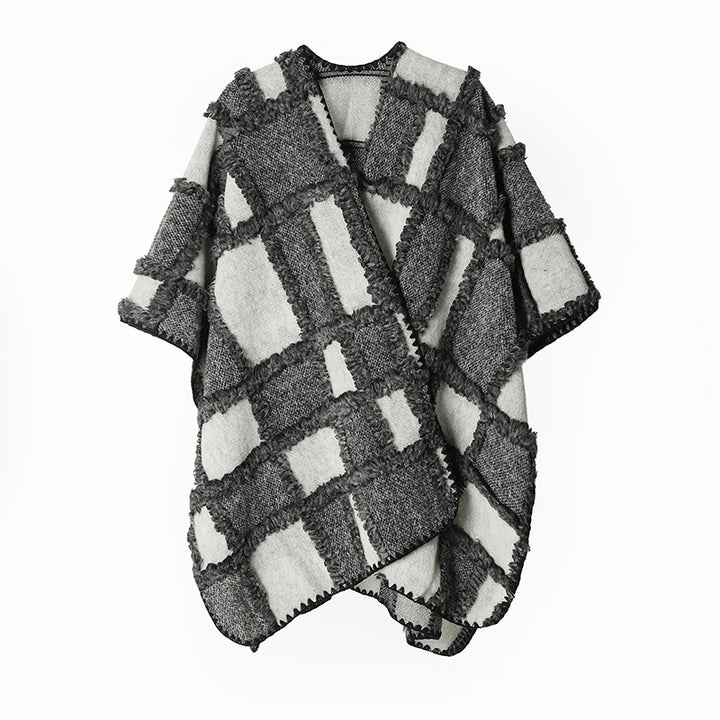 Damen Strukturierter Patchwork-Capeponcho aus Wollmix mit offenem Fall und kontrastierter Kantennaht Drune