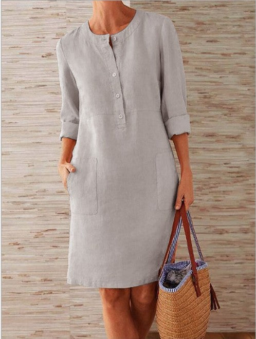 Damen Leichtes Leinenkleid mit praktischen Taschen und angesagtem Knopfdesign Drune