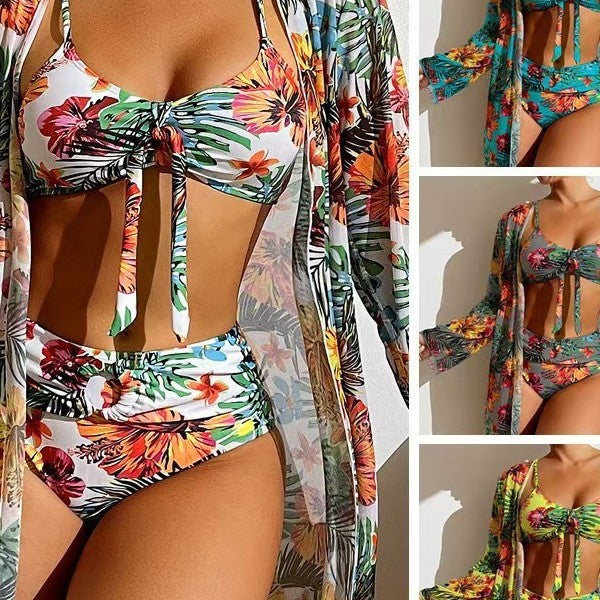 Damen Bikini-Set mit floralen Mustern und luftiger Kimono-Überjacke Drune