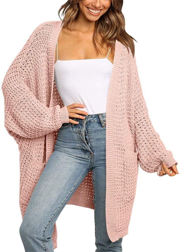 Damen Langer Offener Grobstrick-Cardigan im Cocoon-Schnitt mit Eingrifftaschen Drune