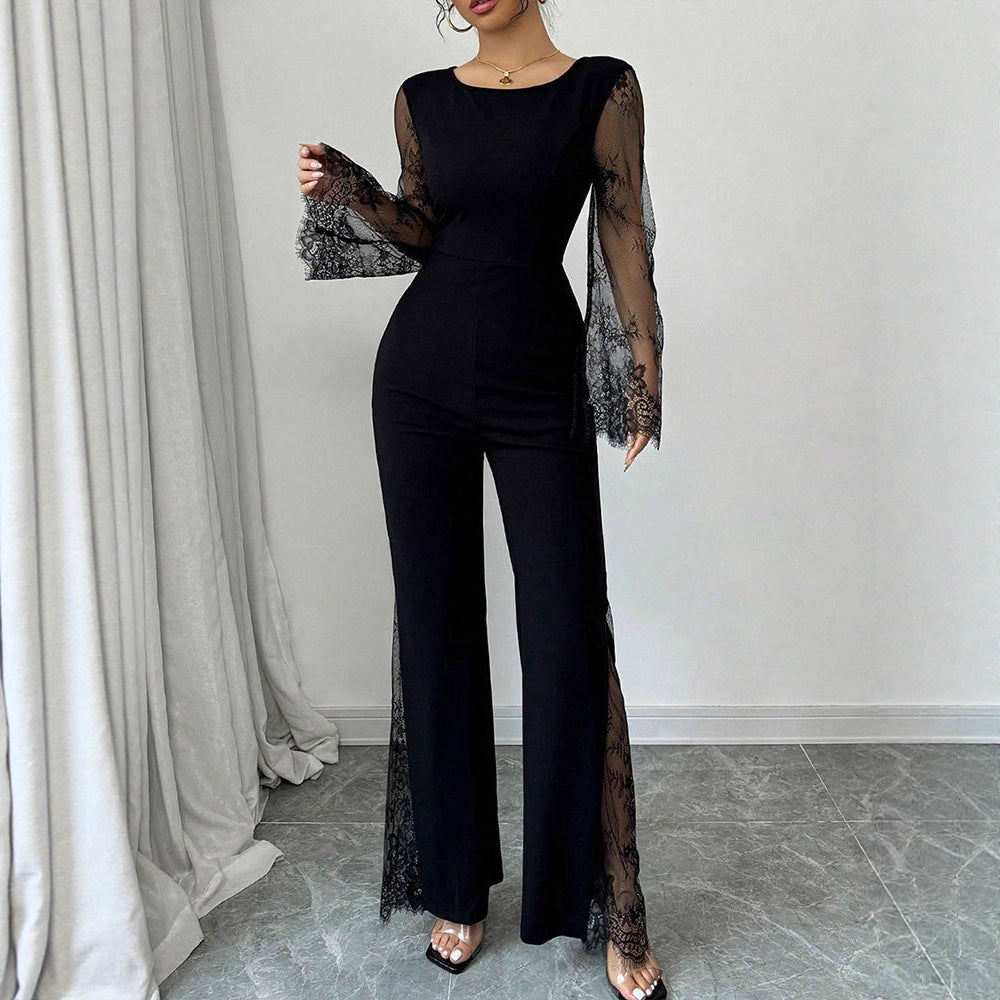 Damen Eleganter Jumpsuit mit schimmernder Spitze und weitem Bein Drune