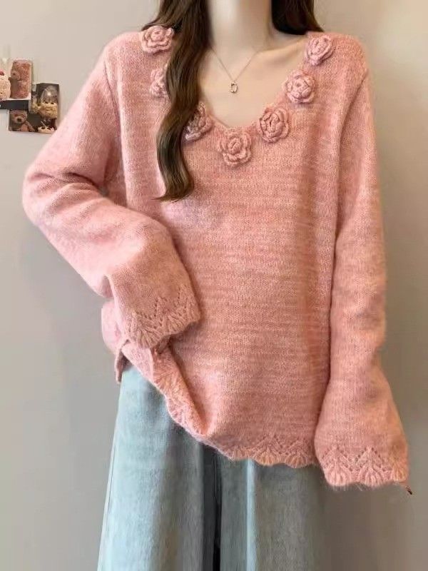 Damen Großer Strickpullover mit floralen Applikationen Drune