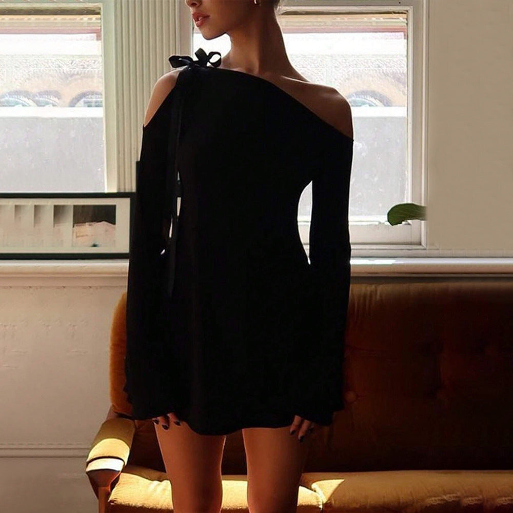 Damen Ein-Schulter-Minikleid mit dekorativer Schleife, taillierter Silhouette und langen Ärmeln Drune