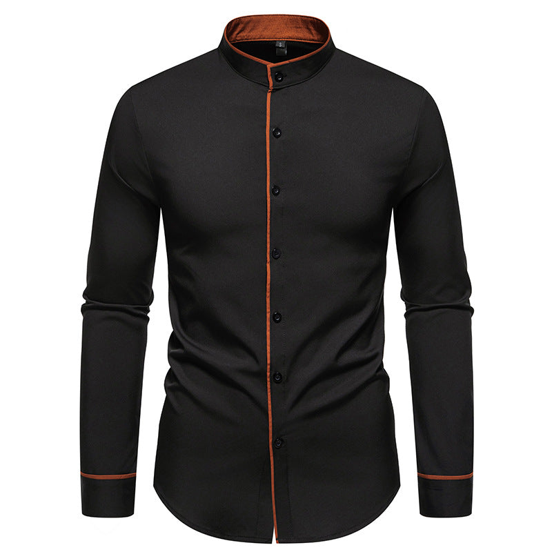 Herren Langarmhemd mit modernem Stehkragen und gesticktem Detail Drune