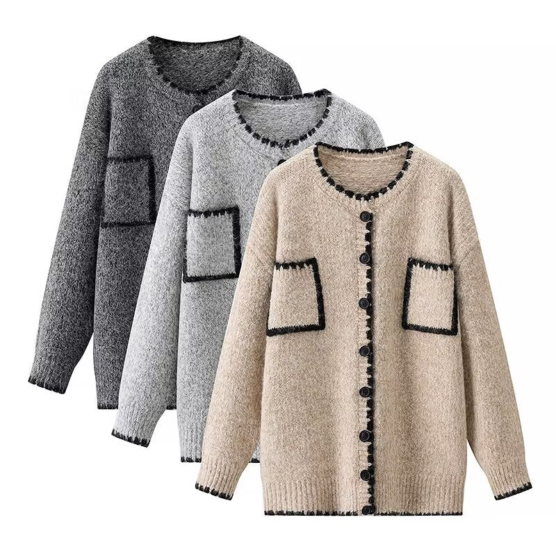 Damen Strickjacke mit aufgesetzten Taschen und kontrastierenden Details Drune