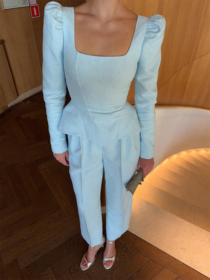 Damen Tailliertes Korsagen-Blazer-Top mit quadratischem Ausschnitt, Schößchen und betonten Schultern Drune