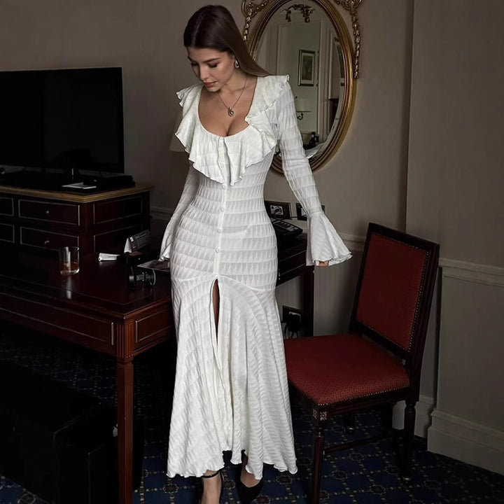 Damen Figurbetontes Maxikleid mit Volant‑Ausschnitt, Glockenärmeln und Schlitz Drune
