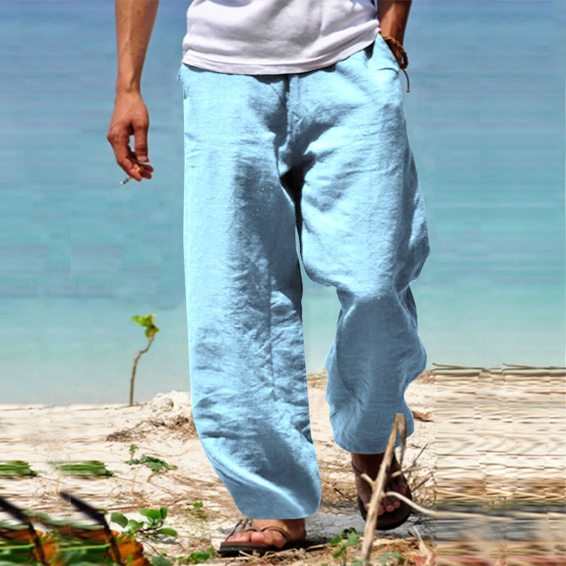 Herren Luftige Strandhose im Baggy-Schnitt aus Leinenmix mit Tunnelzug Drune