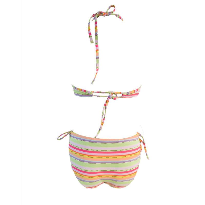 Damen Bikiniset mit farbenfrohem Streifenmuster und dekorativen Rüschen Drune