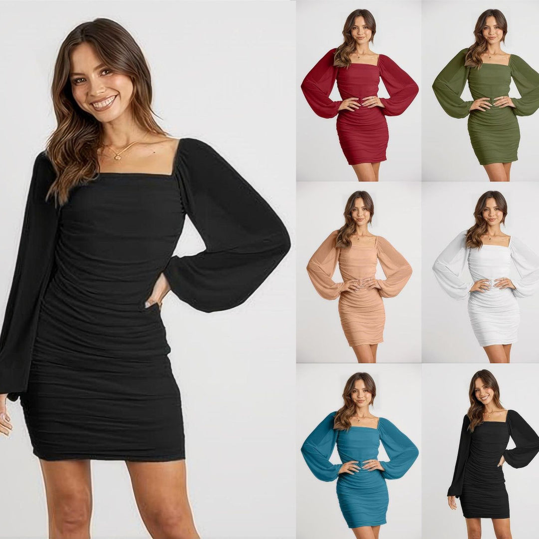 Damen figurbetontes Minikleid mit Puffärmeln und quadratischem Ausschnitt Drune