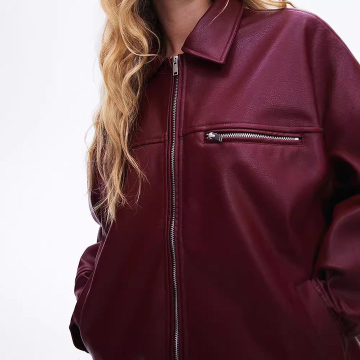 Damen modische Kunstlederjacke mit elastischem Saum und modernem Schnitt Drune