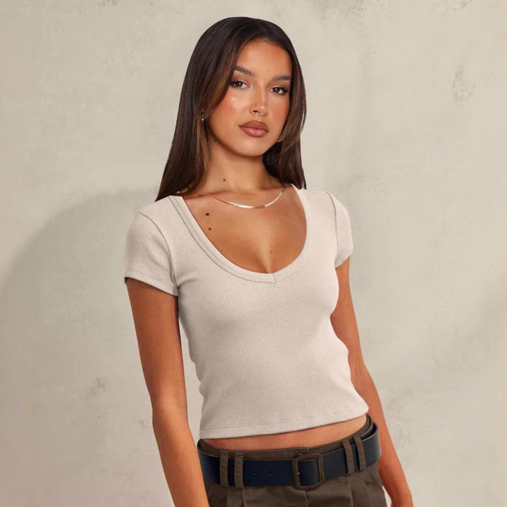 Damen figurbetontes Ripp-T-Shirt mit V-Ausschnitt und kurzen Ärmeln Drune
