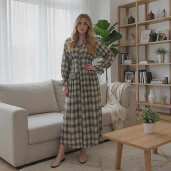 Damen Maxikleid im Karierten Hemdblusenstil mit Taillengürtel und Rüschenmanschetten Drune