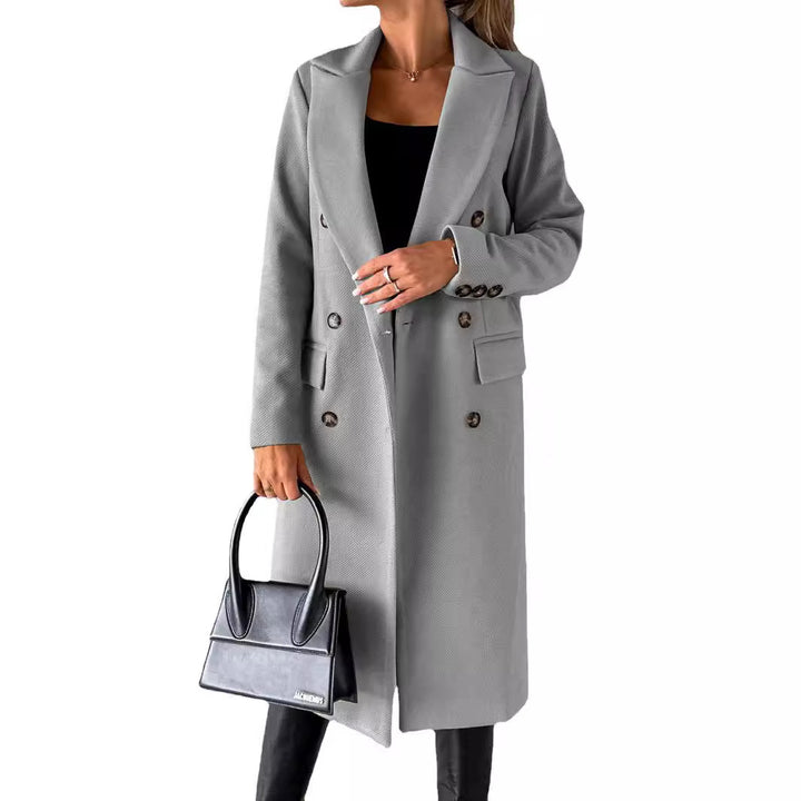 Damen nan klassischer langer Doppelreiher Mantel mit Reverskragen und Pattentaschen Drune