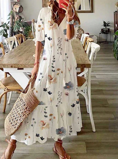 Damen nan luftiges Maxikleid in A-Linie mit V-Ausschnitt, legeren Aufschlagärmeln und floralem Alloverprint Drune