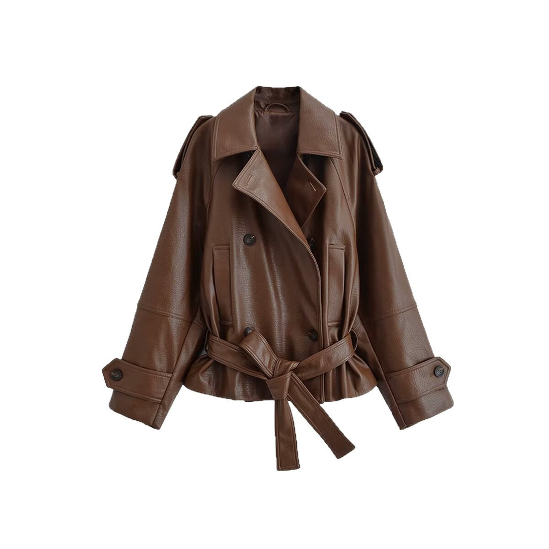 Damen Kurz geschnittener Kunstleder-Trenchcoat mit Bindegürtel und doppelreihiger Knopfleiste Drune