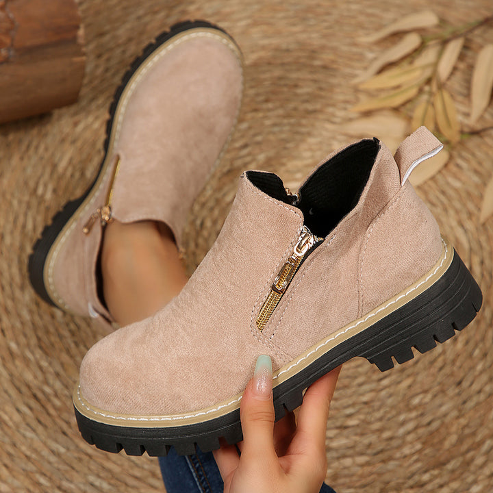 Damen Kurzschaft-Stiefelette aus Veloursoptik mit robust profilierter Sohle und seitlichem Reißverschluss Drune