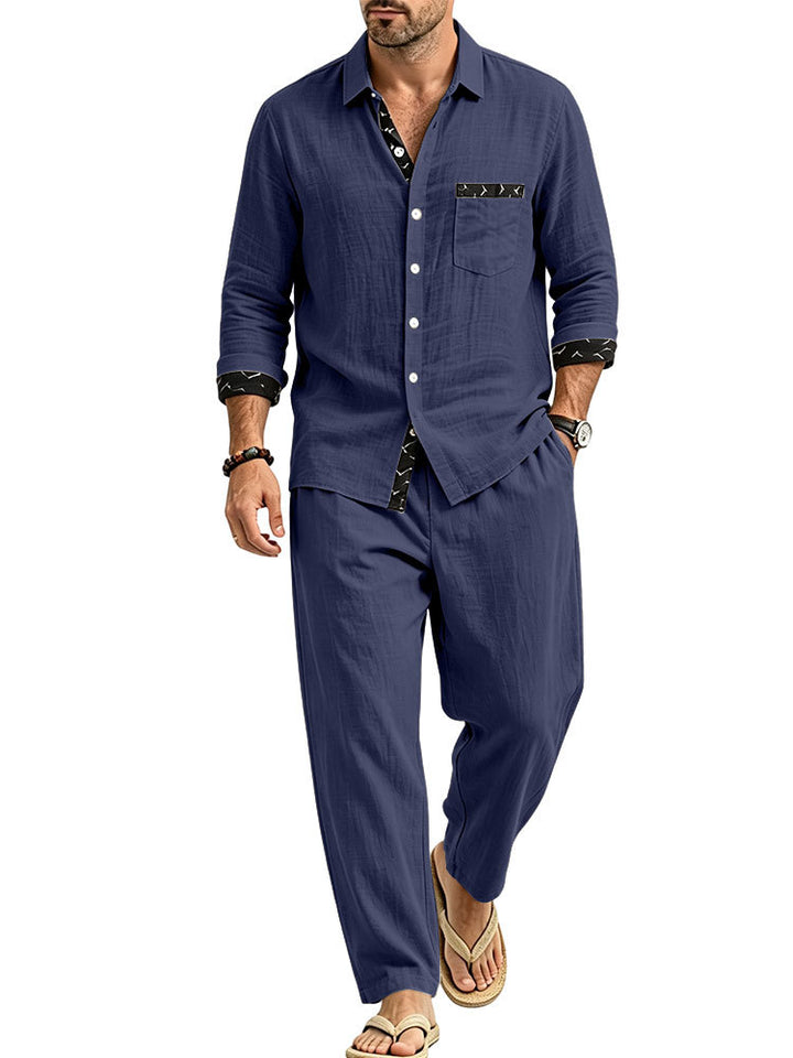 Herren Leichtes Leinenoptik Freizeit-Set mit Hemd und Relax-Hose Drune