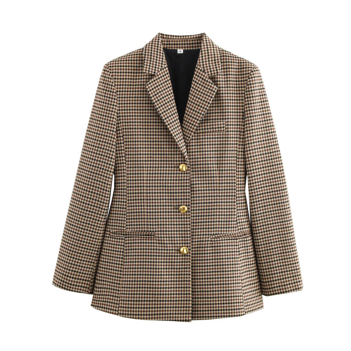 Damen nan klassischer Einreiher-Blazer im Mini-Hahnentritt mit goldknopfleiste und Wiener Nähten Drune