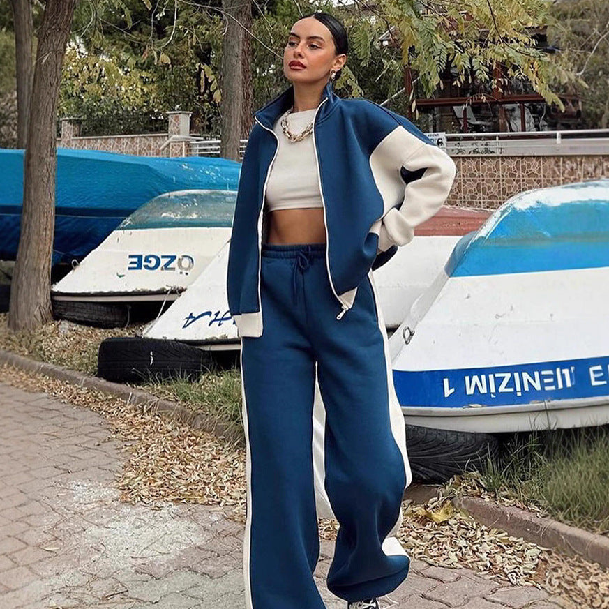 Damen Mehrteiliges Loungewear-Set mit Reißverschlussjacke und weiter Palazzohose Drune