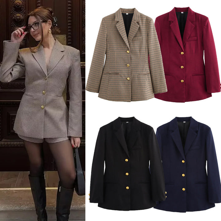Damen nan klassischer Einreiher-Blazer im Mini-Hahnentritt mit goldknopfleiste und Wiener Nähten Drune