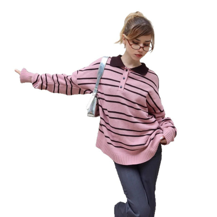 Damen Strickpullover mit Polokragen und Streifen Drune