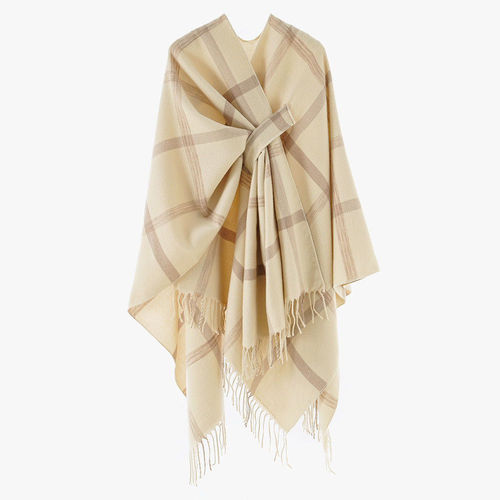Damen Cape‑Poncho mit integriertem Bindegürtel, kastiger Oversize‑Silhouette und Fransensaum Drune