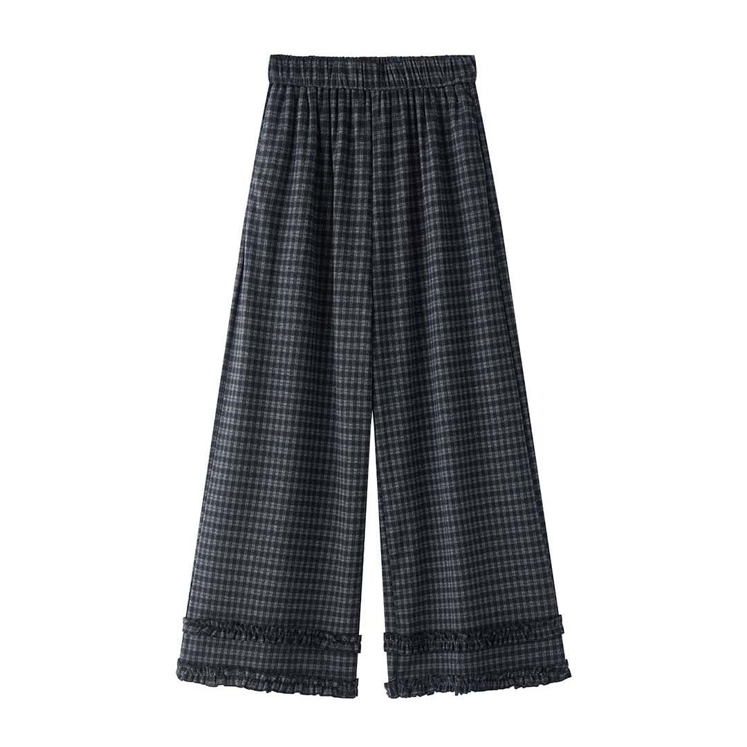 Damen Weite High‑Waist Culotte‑Hose im Karomuster mit elastischem Bund und Volantsaum Drune