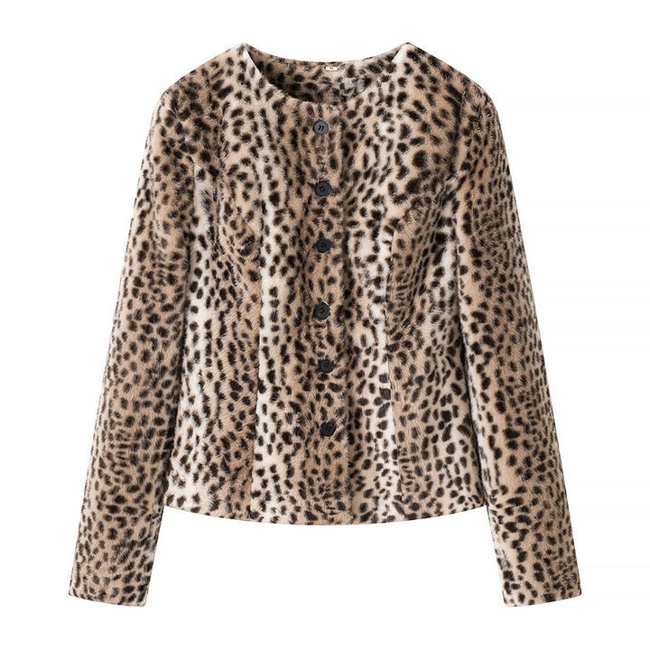 Damen Kurze Kunstfelljacke mit Leopardenmuster und Rundhalsausschnitt Drune