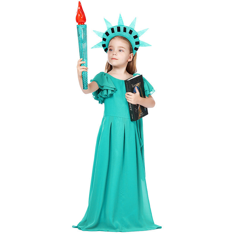 Mädchen Kostüm als Freiheitsstatue mit elegantem Kleid und Accessoires Drune