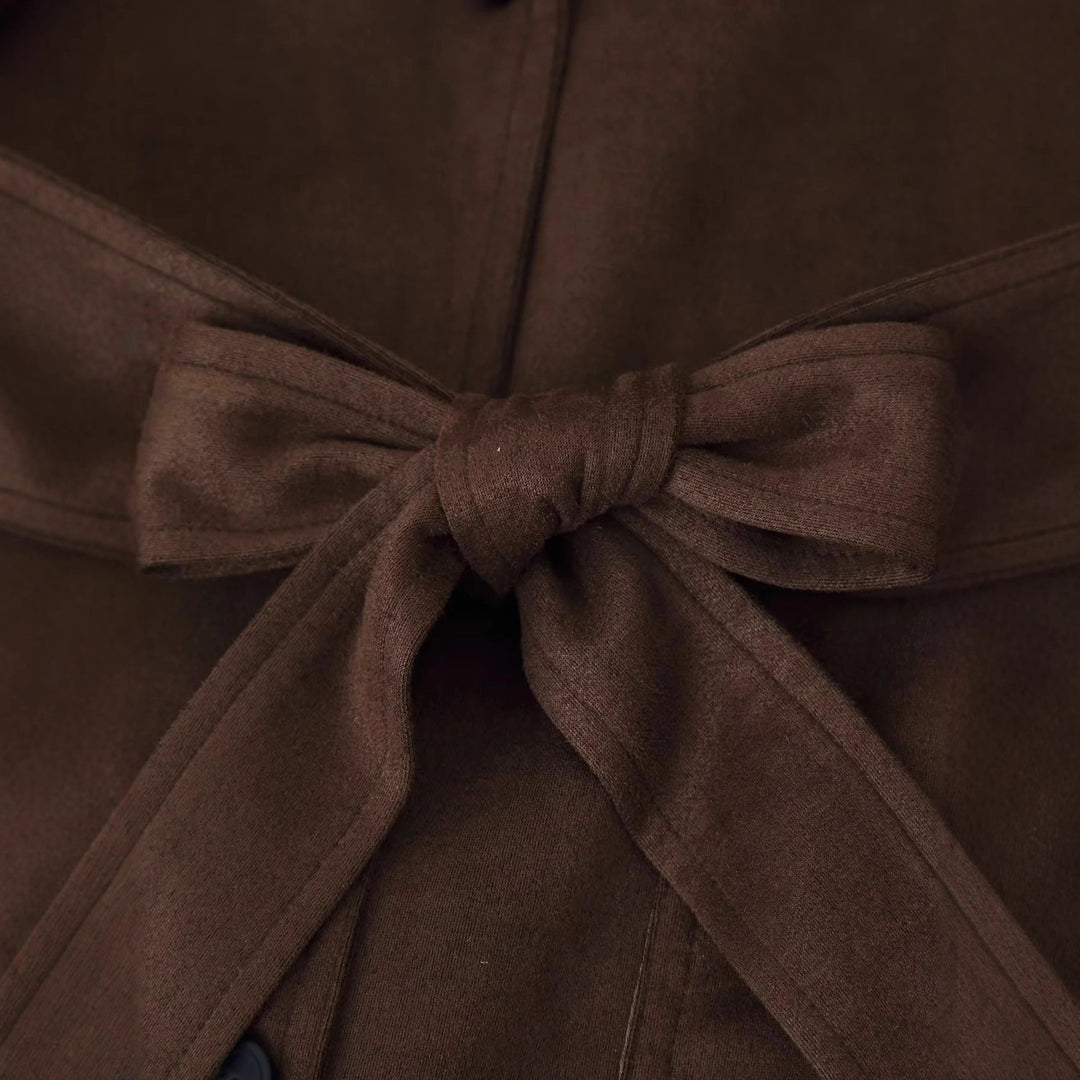 Damen nan taillierte Taillengürtel-Blazerjacke aus Veloursimitat mit Pattentaschen Drune