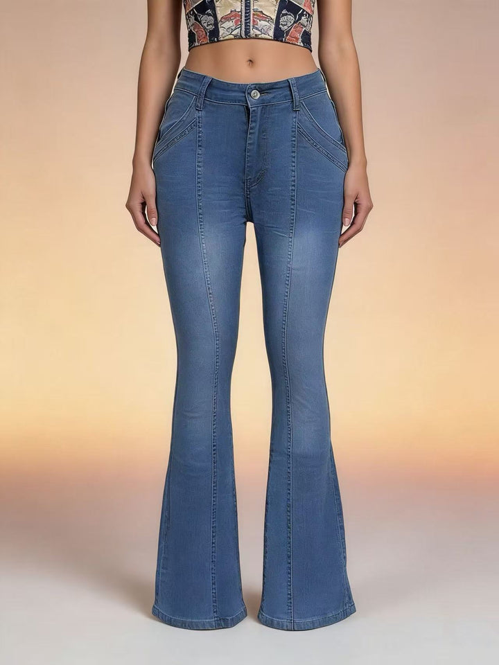 Damen nan hochgeschnittene taillierte Flared-Jeans mit mittiger Nahtführung und figurformender Hüftpartie Drune