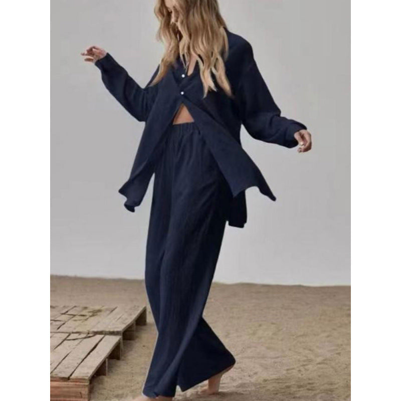 Damen Satin Pyjama Set mit langärmliger Bluse und weiten Hosen Drune